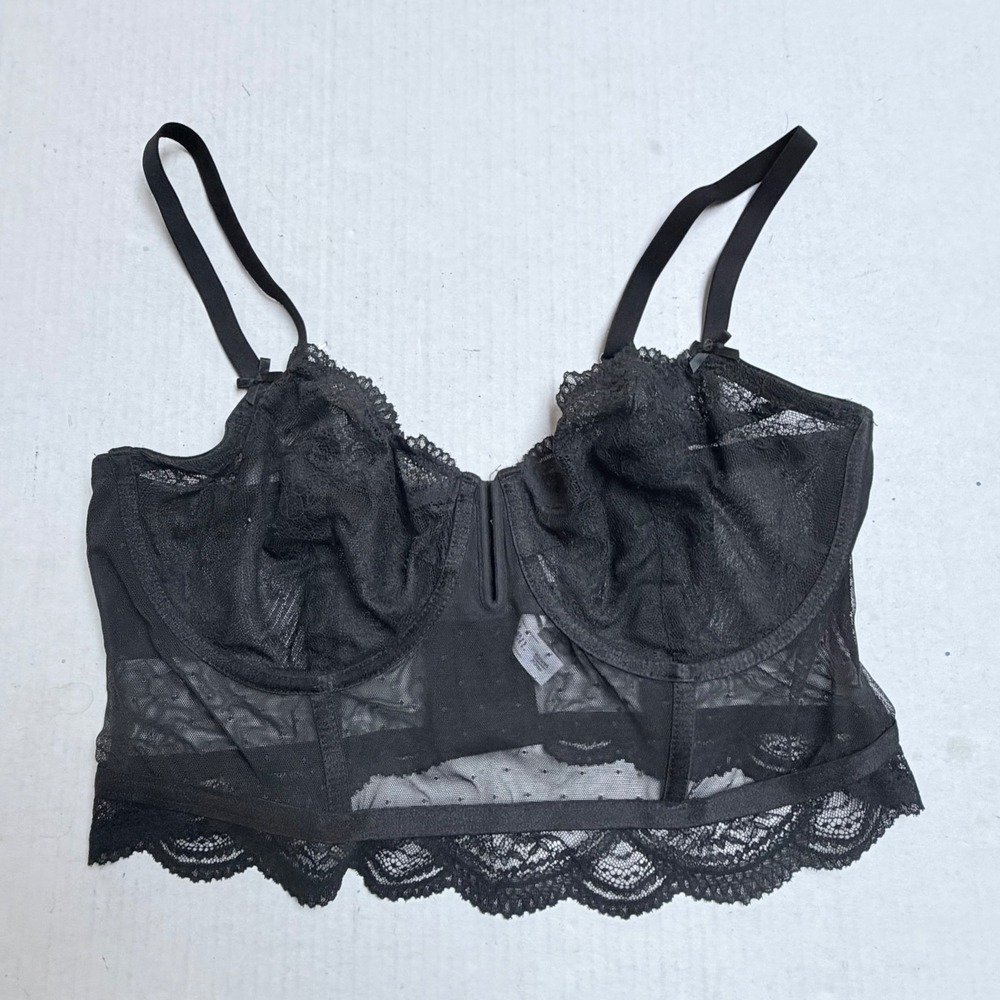 Auden Black Floral Lace Dot Mesh Longline Underwire Bra Womens XL Goth Whimsy